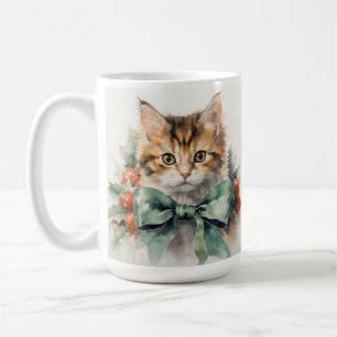 TAZA DE CAFÉ FLUFFY HOLIDAY CALICO KITTEN CON VERDE BOCA