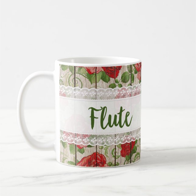 Taza De Café Flute Wood Lace Rustic Rosas Music (Izquierda)