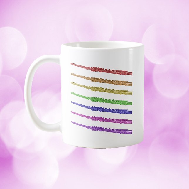 Taza De Café Flutes arcoiris (A mug with red, orange, yellow, green, blue, purple and pink flutes.)