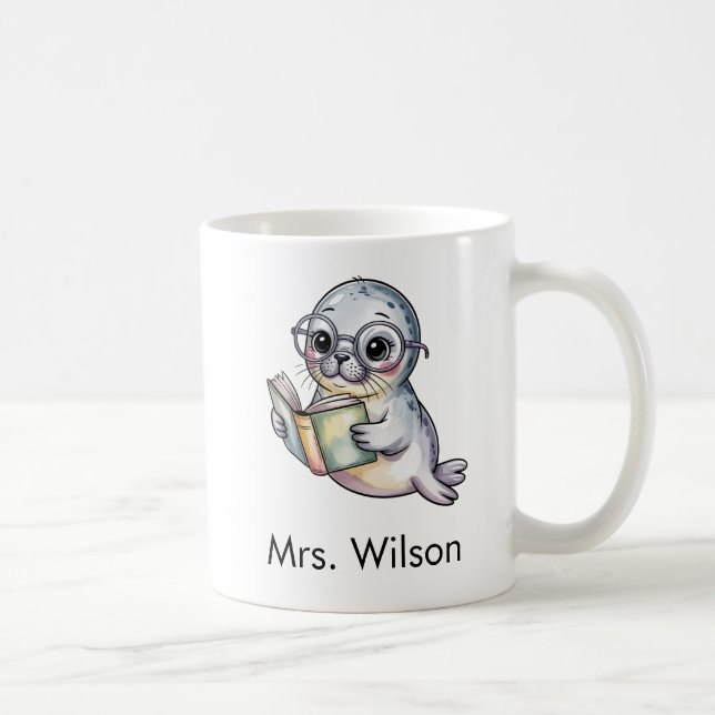 Taza De Café Foca Linda Leyendo Libro Personalizado (Derecha)