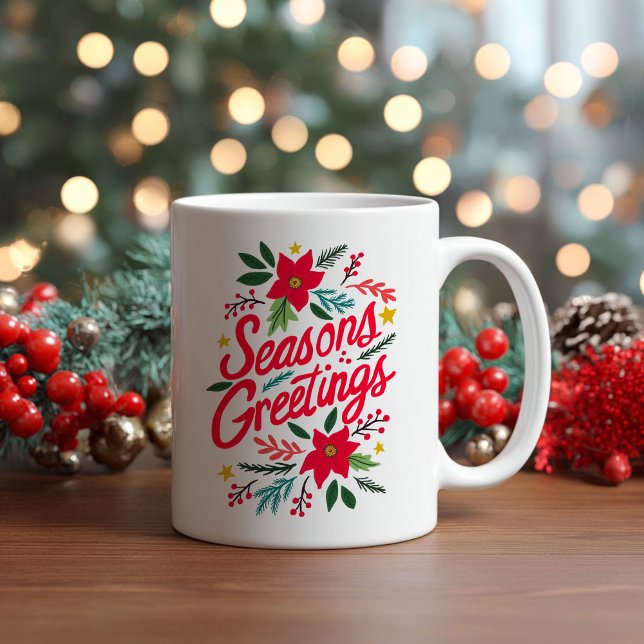 Taza De Café Foliage de vacaciones de los Navidades de la tempo (SEASONS GREETINGS Cute Christmas Holidays Botanical Foliage Hand drawn Coffee Mug
)