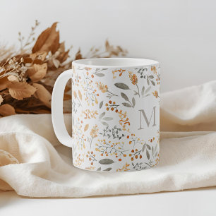Taza De Café Foliage Inicial Acuarela Otoñal Festiva
