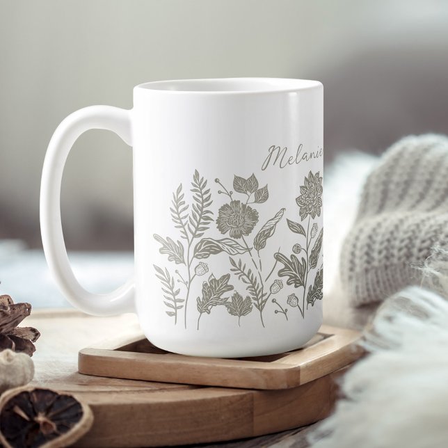 Taza De Café Foliage personalizado Flores otoñales Sage Green (Personalized Foliage Autumn Flowers Sage Green Coffee Mug)