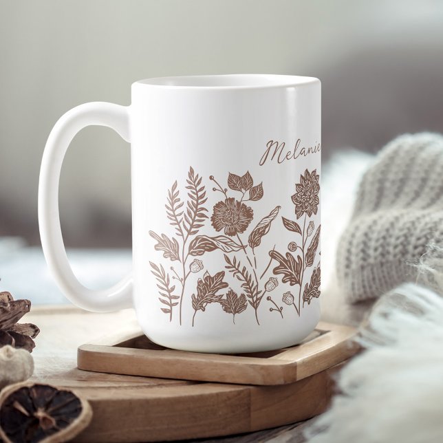 Taza De Café Foliage personalizado Flores otoñales Taupe (Personalized Foliage Autumn Flowers Taupe Coffee Mug)
