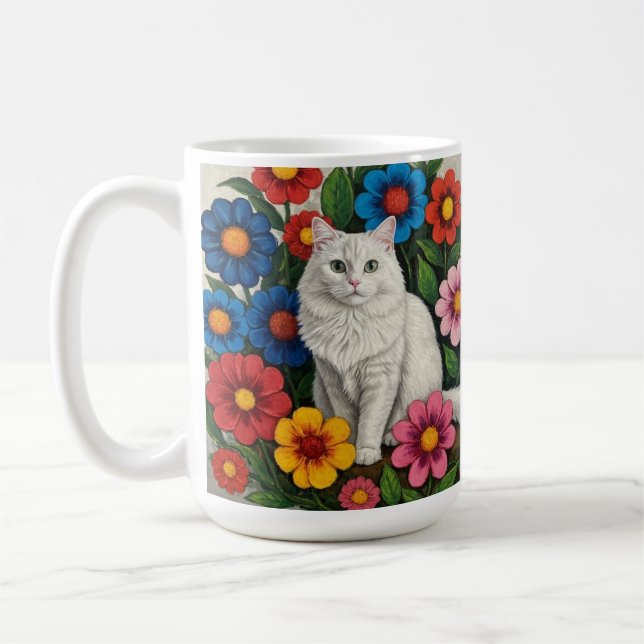 Taza De Café Folk Art Cat and Flowers (Izquierda)