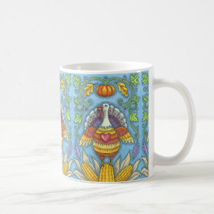 Taza De Café FOLK ART TURKEY & CORN THANKSGIVING MUG Holiday