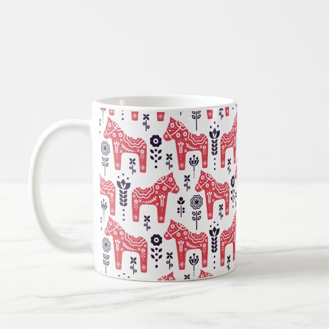 Taza De Café Folk swedish horse floral seamless pattern.  (Izquierda)