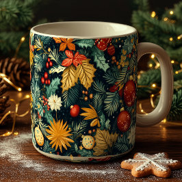 Taza De Café Follaje clásico de Navidad con adornos rojos