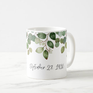 Taza De Café Follaje de boda FECHA Verde Blanco Negro Moderno