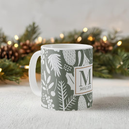 Taza De Café Follaje de Navidad de Invierno Monograma Familia V
