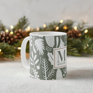 Taza De Café Follaje de Navidad de Invierno Monograma Familia V