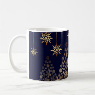 Taza De Café Fondo azul con árbol de Navidad dorado