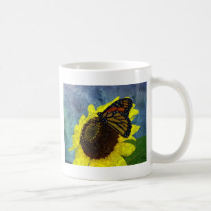 Taza De Café Fondo azul mariposa y girasol