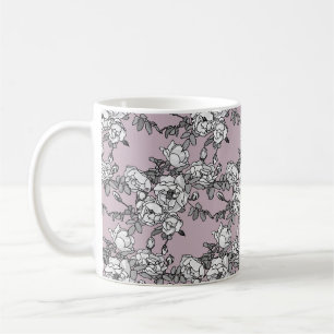 Taza De Café fondo de lavanda de rosas blancas