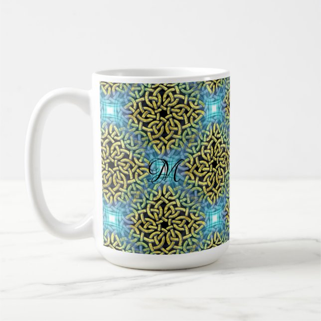 Taza De Café Fondo del Monograma Victoriano Golden Trim Aqua (Izquierda)