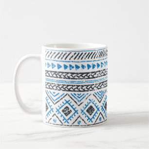 Taza De Café Fondo étnico azul, blanco sin costura.