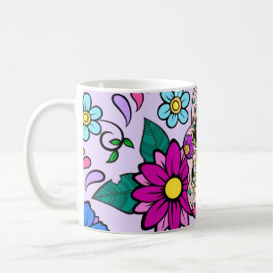 Taza De Café Fondo festivo con cráneos de azúcar, corazón y hur