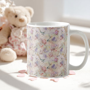 Taza De Café fondo floral con pájaros y mariposas