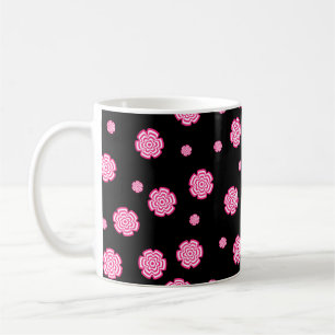 Taza De Café Fondo oscuro, flores rosa brillante estilizadas.
