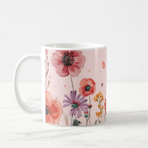 Taza De Café Fondo Rosa Polvo con amapolas y flores silvestres