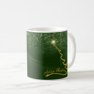 Taza De Café Fondo Verde Espumoso Con Árbol De Navidad Dorado