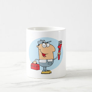 Taza De Café Fontanero de Dibujos Animados Sosteniendo Llave de