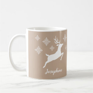 Taza De Café Formas De Venado Blanco En Beige Con Copos De Niev