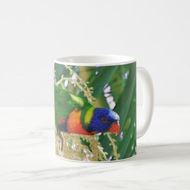 Taza De Café Foto de ave australiana verde arcoiris Lorikeet (Anverso derecho)