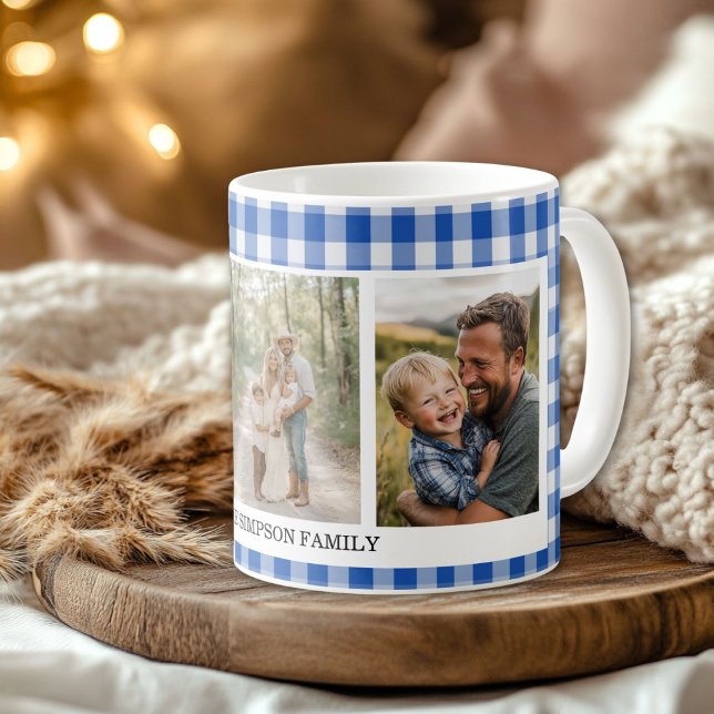 Taza De Café Foto de Blue Gingham 3 (Blue Gingham 3 Photo Coffee Mug)