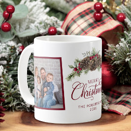 Taza De Café Foto de Familia 2 Navidad Pino Script Elegante 