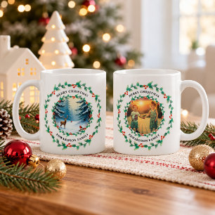 Taza De Café Foto de familia de venado petirrojo pájaro Navidad