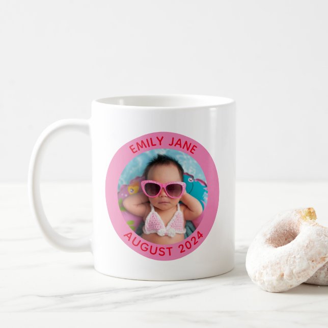 Taza De Café Foto de familia redonda personalizada rosa y roja (Con donut)