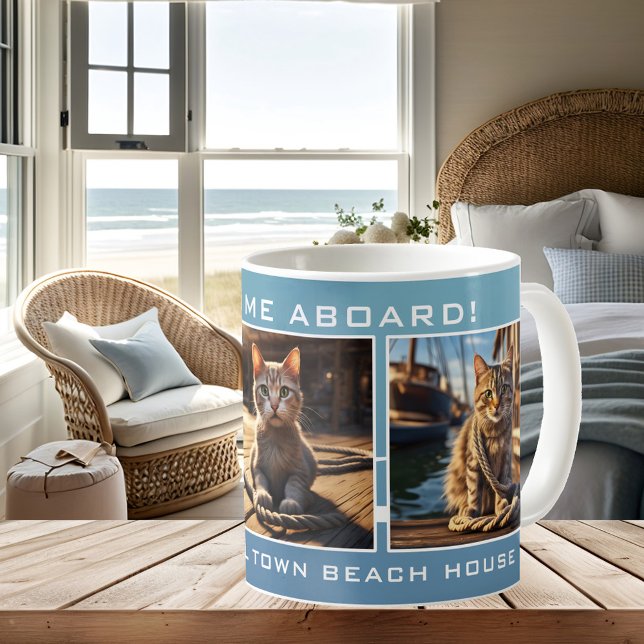 Taza De Café Foto de gato de Nautical Beach House (Nautical cat photo mug in elegant blue and white with a wave and sparkle design - beach house)