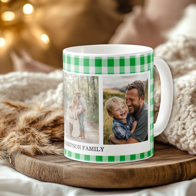 Taza De Café Foto de Green Gingham 3 (Green Gingham 3 Photo Coffee Mug)