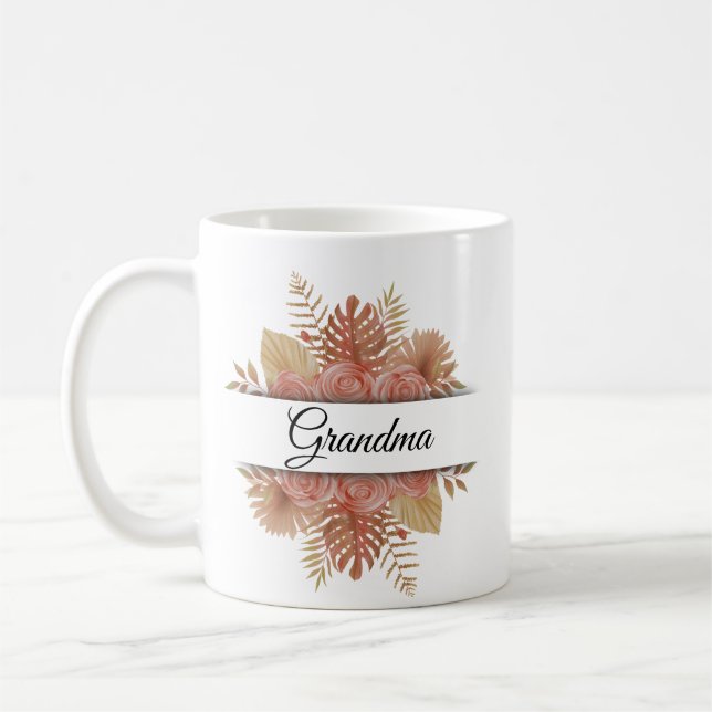 Taza De Café Foto de la abuela con escritura floral acuarela mo (Izquierda)