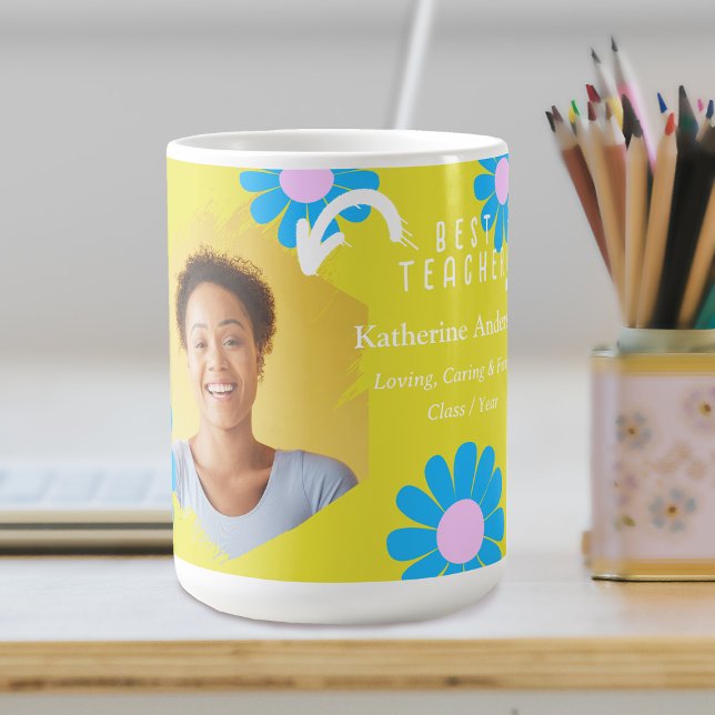 Taza De Café Foto de la mejor profesora Daisy Amarillo (Daisy best Teacher Bright Yellow Coffee Mug.)