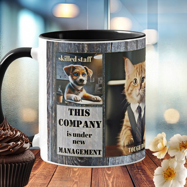 Taza De Café Foto de la oficina de Animales divertidos (Funny office mug featuring 4 of your custom photos (optional) on a rustic industrial design)