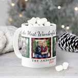 Taza De Café Foto De Los Navidades Más Maravillosos<br><div class="desc">Personalice este festival "Es la época más maravillosa del año" café o tazas calientes de cacao con cuatro (4) fotos favoritas de su familia. Los fondos con motivos rojos, verdes y negros de búfalo envueltos enmarcan las fotos. Personalice con texto personalizado sus nombres / apellido y el año. Consejo de...</div>