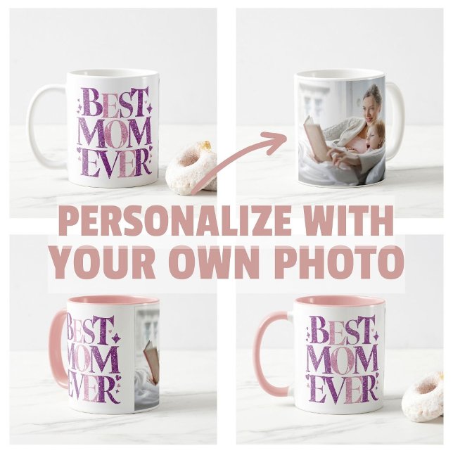 Taza De Café Foto de mamá personalizada y de moda, mejor mamá d (best mom ever personalize own photo mug  photo Trendy Typography)