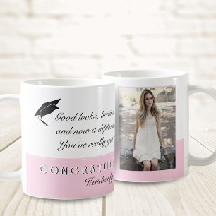 Taza De Café Foto de Mensaje de Felicitación de Graduación Rosa