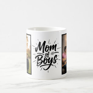 Taza De Café Foto de Mom of Boys Brush Script con dos imágenes