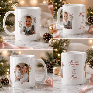 Taza De Café Foto de Navidad con lazo rosa Grandmillennial y mu
