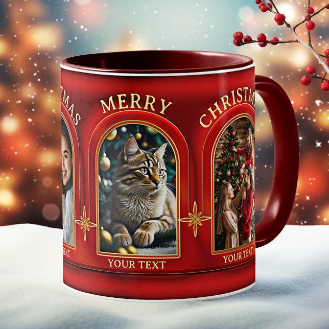 Taza De Café Foto de Navidades del Clásico de Oro Rojo (Christmas mug featuring custom photos on a classic stylish red and gold design with gold snowflakes)