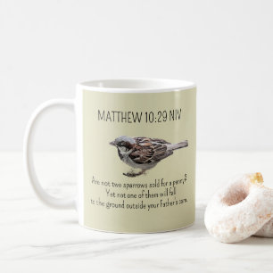 Taza De Café Foto de pájaro gorrión Dios cuida verso de la Bibl