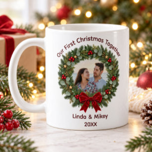 Taza De Café Foto de Pareja Nuestra Primera Navidad Corona de L