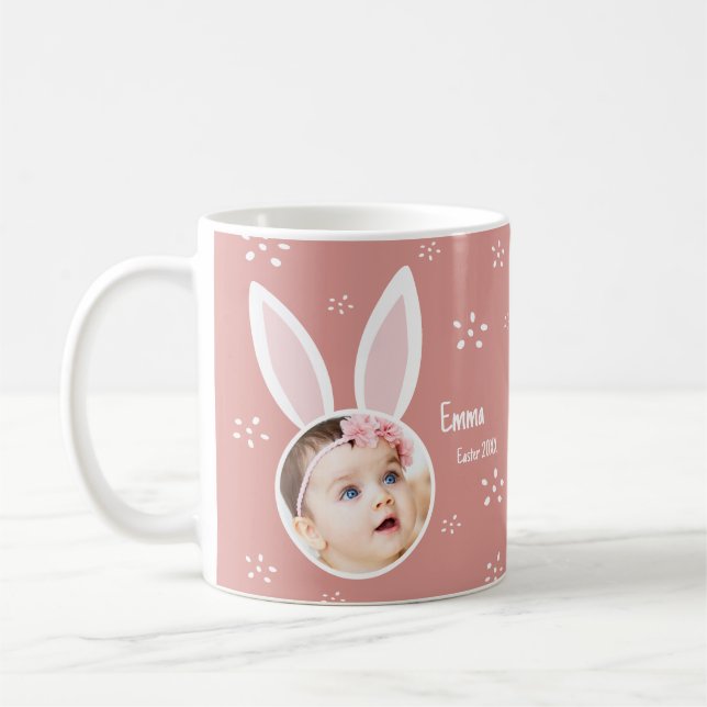 Taza De Café Foto de pequeño niño con orejas conejitas + Nombre (Izquierda)