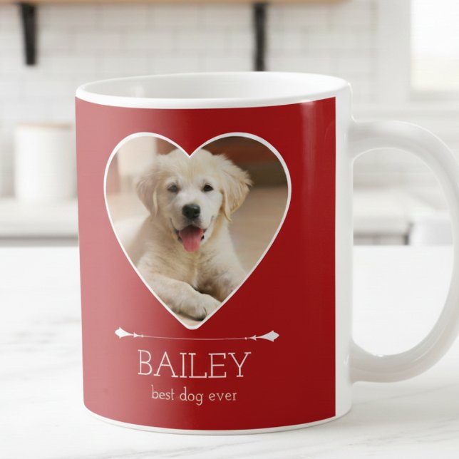 Taza De Café Foto de perro personalizada (cute red best dog ever mug with custom puppy dog photo in heart frame, gift for dog parents )