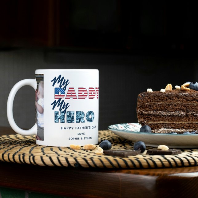 Taza De Café Foto del Día 2 de mi papá, mi héroe (Easily personalize this My Daddy My Hero mug with your photos and name for unique Father's Day gift)