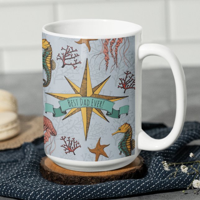 Taza De Café Foto del Día del Padre bajo el mar (Best Dad Ever Father's Day Under the Sea Mug with Photo. Nautical Star and Rope for Captain Dad)