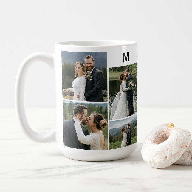 Taza De Café Foto personalizada 10 con nombre de pareja y monog (Con donut)